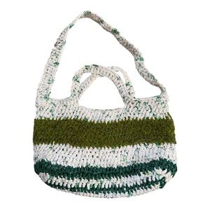 Handmade Plarn Crochet Tote Bag Green White Upcycled Eco Friendly Boho Market